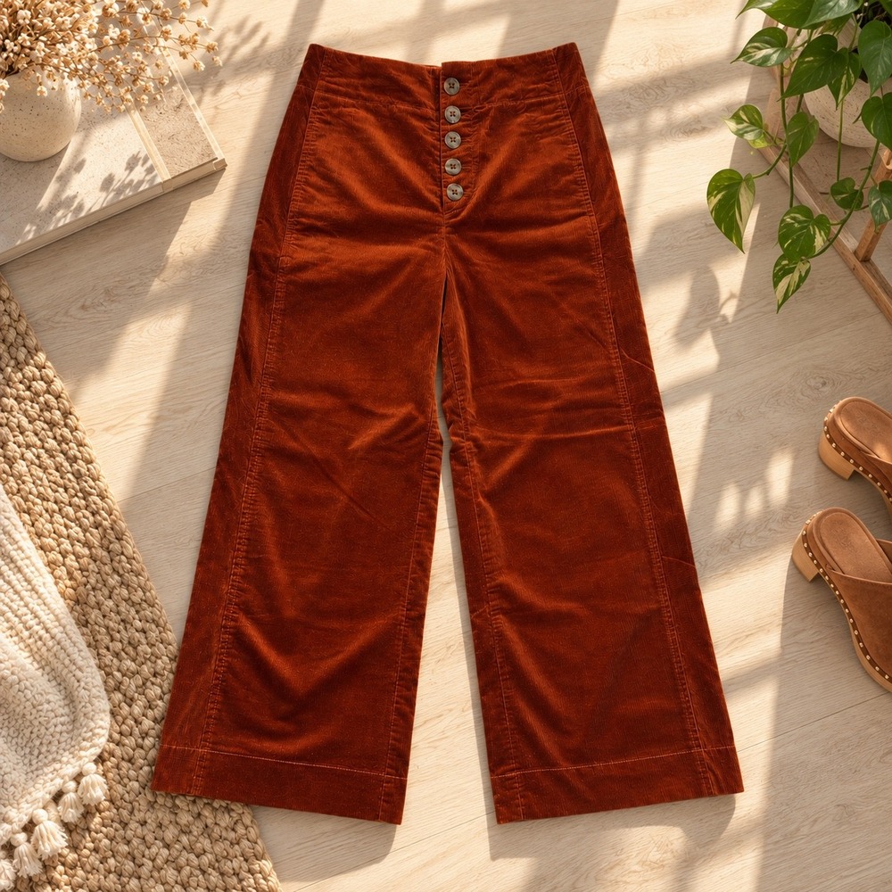 By Anthropologie Corduroy Pants 4 Rust High Rise Wide Leg Button Fly 70s Retro